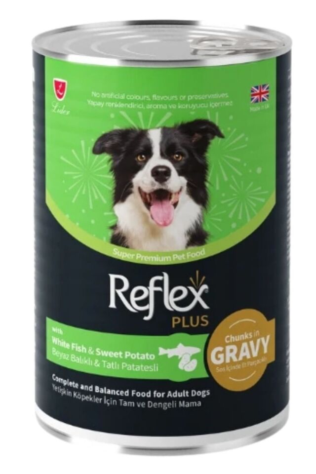 REFLEX PLUS SOS İÇİNDE ET PARÇACIKLI BEYAZ BALIKLI VE TATLI PATATESLİ YETİŞKİN KÖPEK MAMASI 400 G