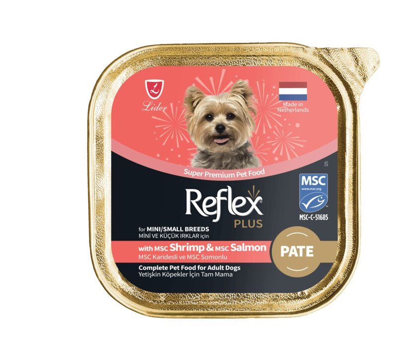 REFLEX PLUS PATE MSC KARİDESLİ VE MSC SOMONLU MİNİ VE KÜÇÜK IRKLAR İÇİN YETİŞKİN KÖPEK MAMASI 85 G