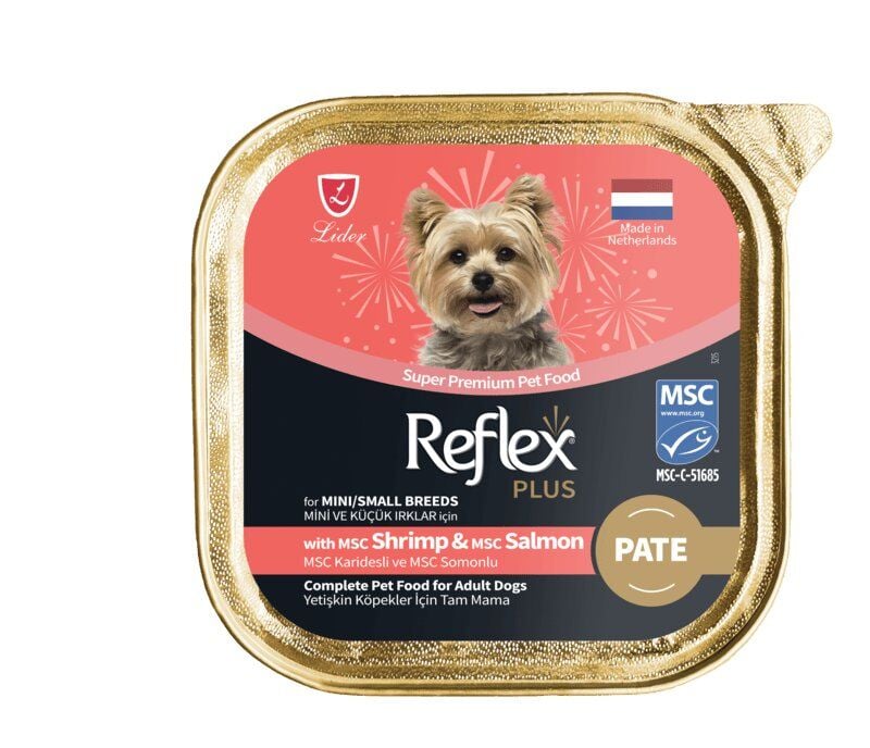 REFLEX PLUS PATE MSC KARİDESLİ VE MSC SOMONLU MİNİ VE KÜÇÜK IRKLAR İÇİN YETİŞKİN KÖPEK MAMASI 85 G