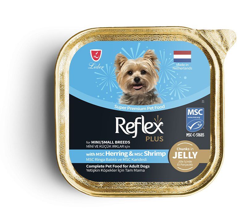 REFLEX PLUS JÖLE İÇİNDE ET PARÇACIKLI MSC RİNGA BALIKLI VE MSC KARİDESLİ MİNİ VE KÜÇÜK IRKLAR İÇİN YETİŞKİN KÖPEK MAMASI 85 G