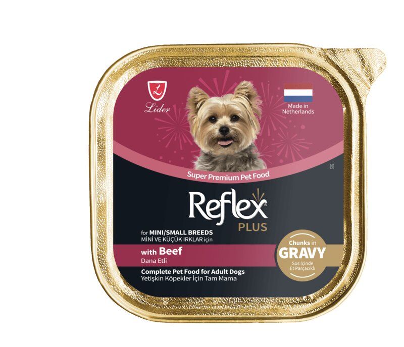 REFLEX PLUS SOS İÇİNDE ET PARÇACIKLI DANA ETLİ MİNİ VE KÜÇÜK IRKLAR İÇİN YETİŞKİN KÖPEK MAMASI 85 G
