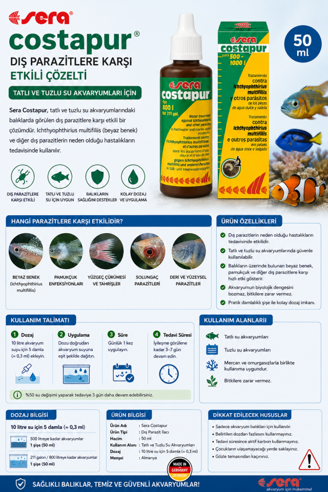 Sera Costapur 50ml Akvaryum Dış Parazit İlacı
