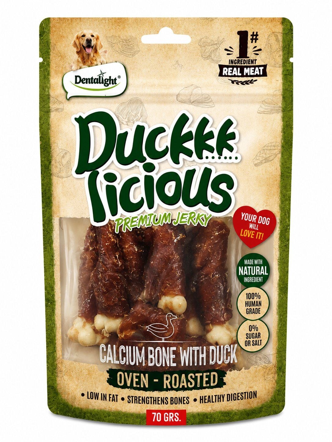 DENTALİGHT DOG DUCK LİCİOUS CALCİUM WİTH BONE OF DUCK 70G TEKLİ