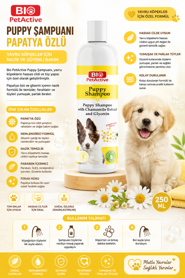 BİO PETACTİVE KÖPEK ŞAMPUANI PUPPY PAPATYA ÖZLÜ 250 ML
