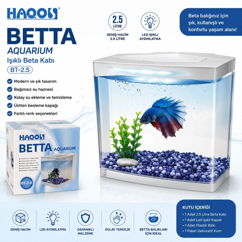 HAQOS BT-2.5 Işıklı Beta Akvaryumu – 2.5 Litre